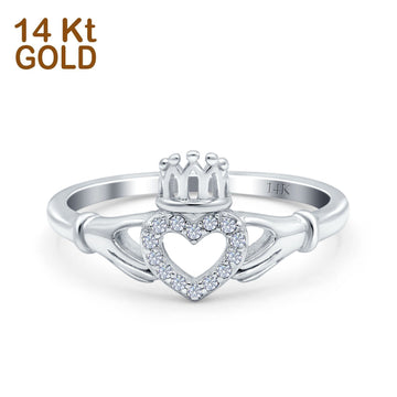 14K White Gold Heart Claddagh Art Deco Wedding Ring Simulated Cubic Zirconia Size-7